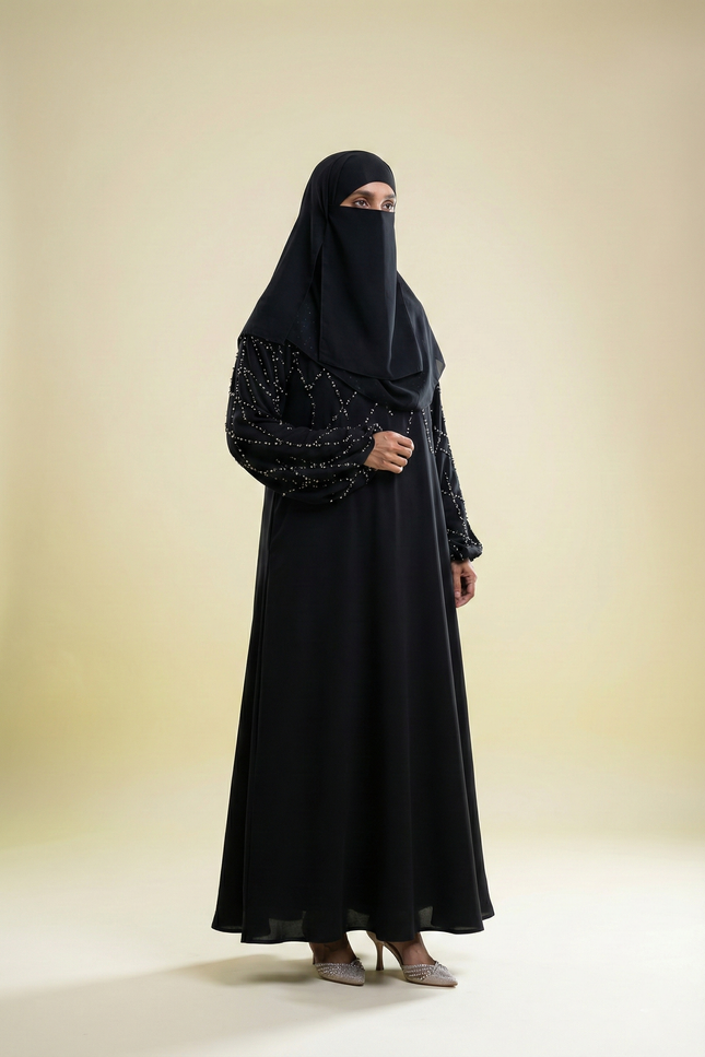 Black A-Line Abaya with Abstract Embroidery| Premium Modestwear