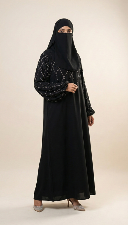 Black A-Line Abaya with Abstract Embroidery| Premium Modestwear