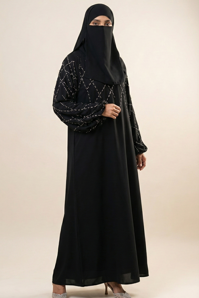 Black A-Line Abaya with Abstract Embroidery| Premium Modestwear