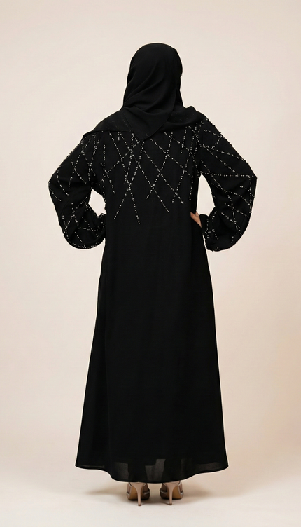 Black A-Line Abaya with Abstract Embroidery| Premium Modestwear