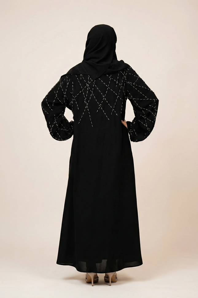 Black A-Line Abaya with Abstract Embroidery| Premium Modestwear