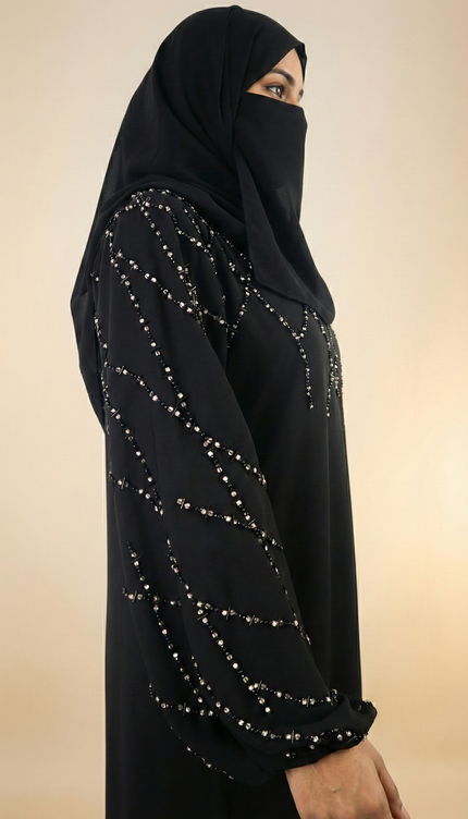 Black A-Line Abaya with Abstract Embroidery| Premium Modestwear
