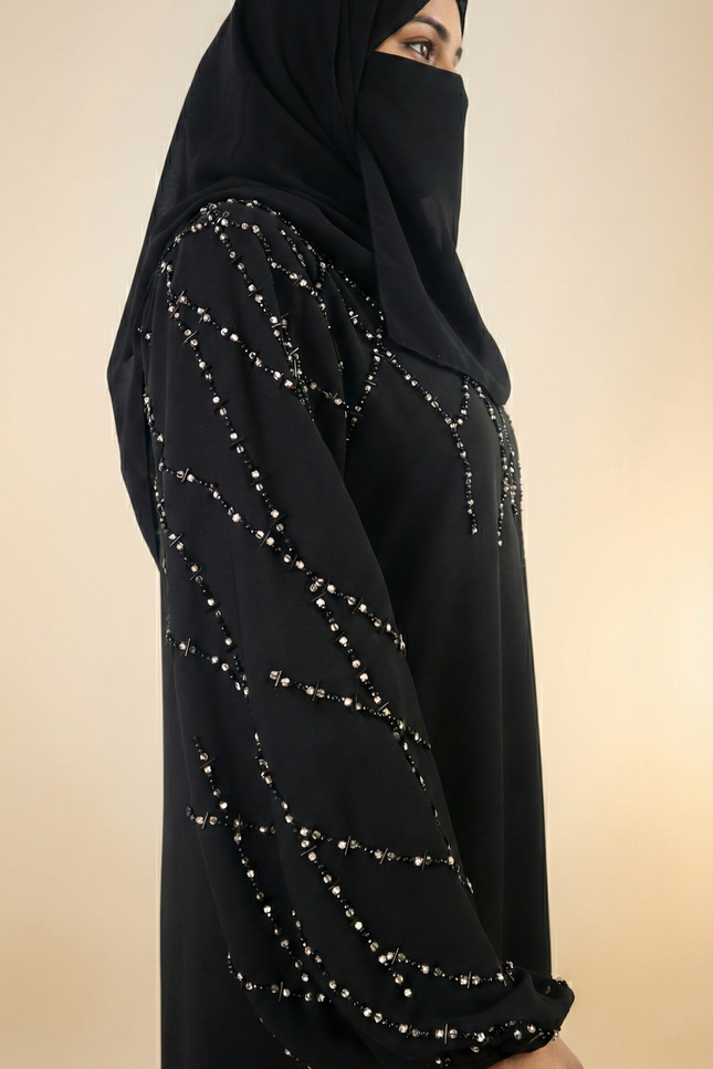 Black A-Line Abaya with Abstract Embroidery| Premium Modestwear