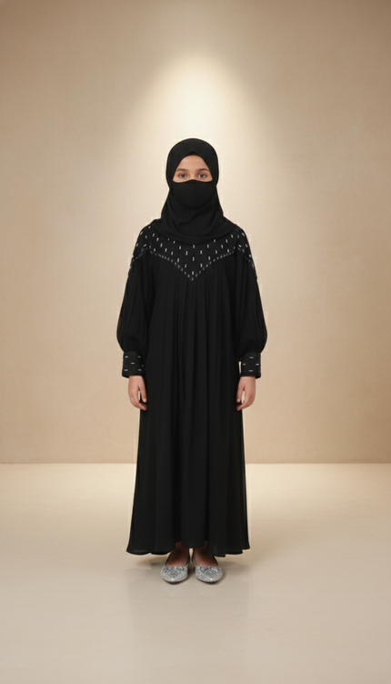Kids Black Designer Princess Abaya with Net & Chiffon | Imported Nida | Front & Back Handwork