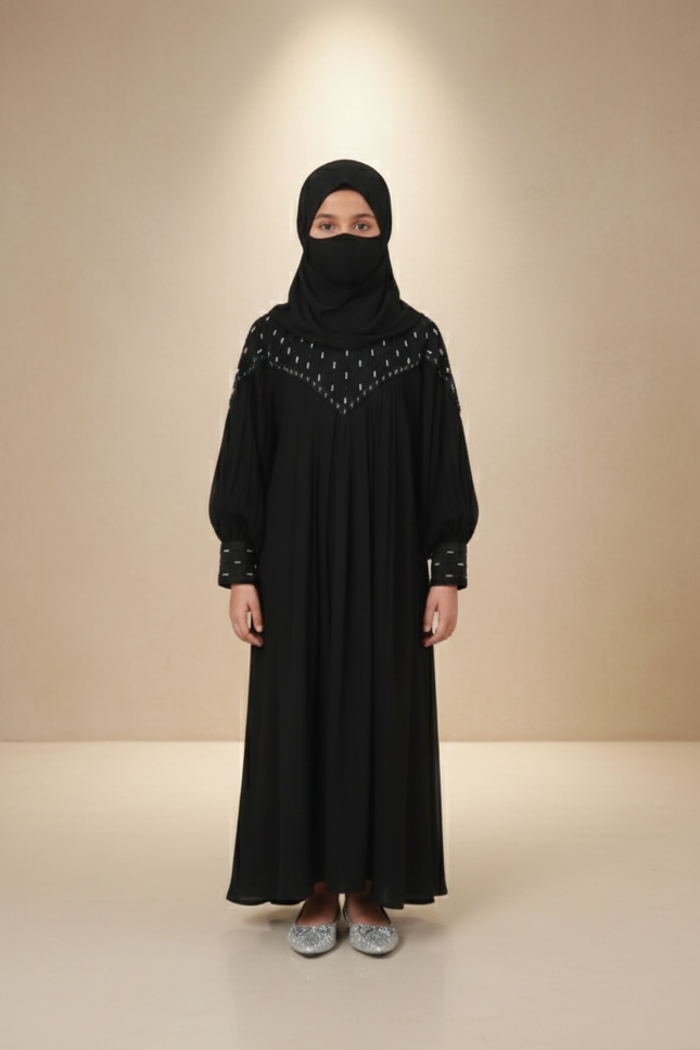 Kids Black Designer Princess Abaya with Net & Chiffon | Imported Nida | Front & Back Handwork