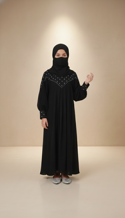 Black Korean Nida Princess Style Abaya Mother & Daughter Set