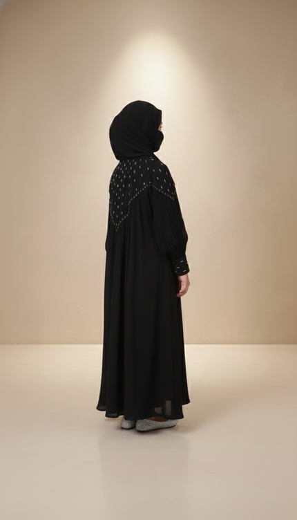 Kids Black Designer Princess Abaya with Net & Chiffon | Imported Nida | Front & Back Handwork