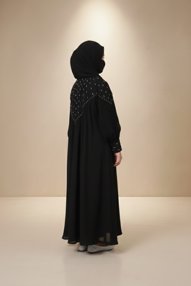 Kids Black Designer Princess Abaya with Net & Chiffon | Imported Nida | Front & Back Handwork