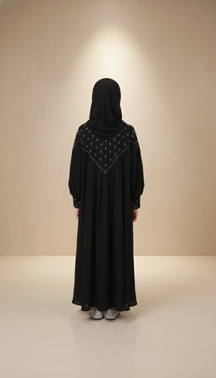 Kids Black Designer Princess Abaya with Net & Chiffon | Imported Nida | Front & Back Handwork