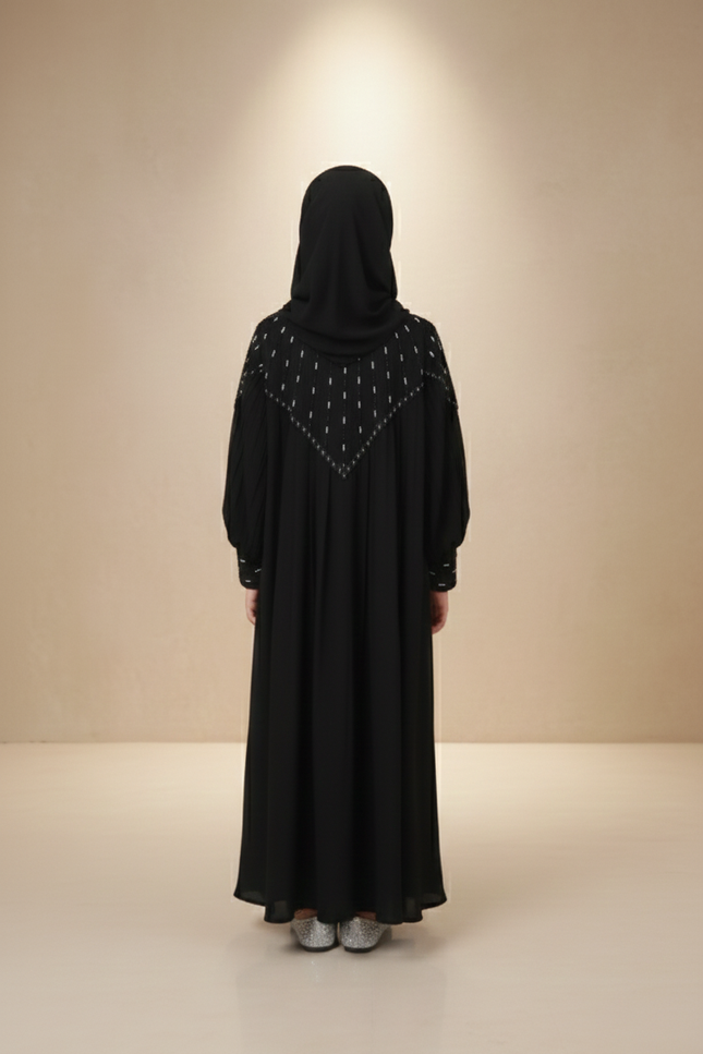 Kids Black Designer Princess Abaya with Net & Chiffon | Imported Nida | Front & Back Handwork