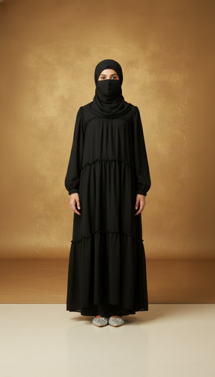 Black Tiered Frill Kids Abaya | Imported Nida & Chiffon | Modest Party Wear