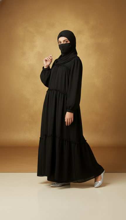 Black Tiered Frill Kids Abaya | Imported Nida & Chiffon | Modest Party Wear