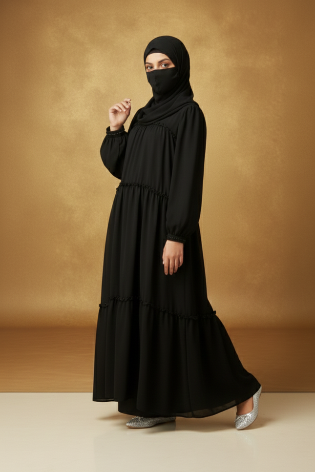 Black Tiered Frill Kids Abaya | Imported Nida & Chiffon | Modest Party Wear