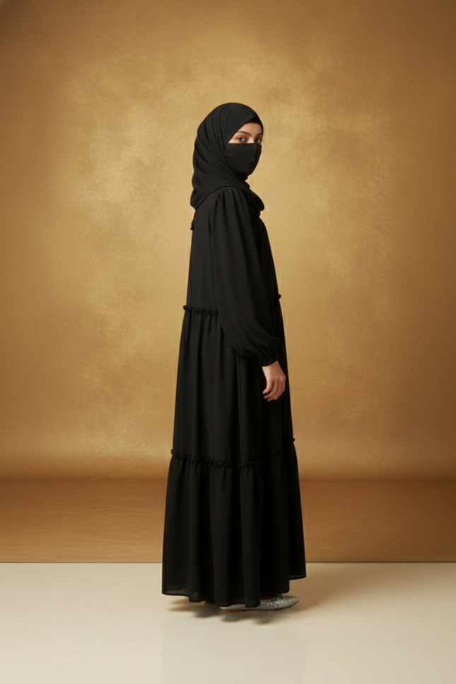 Black Tiered Frill Kids Abaya | Imported Nida & Chiffon | Modest Party Wear