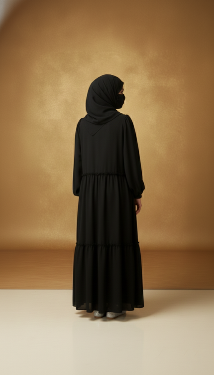 Black Tiered Frill Kids Abaya | Imported Nida & Chiffon | Modest Party Wear