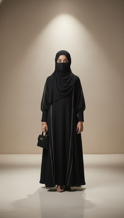 Kids Black A-Line Abaya with Front-Slit Sleeve Detail | Imported Nida & Chiffon