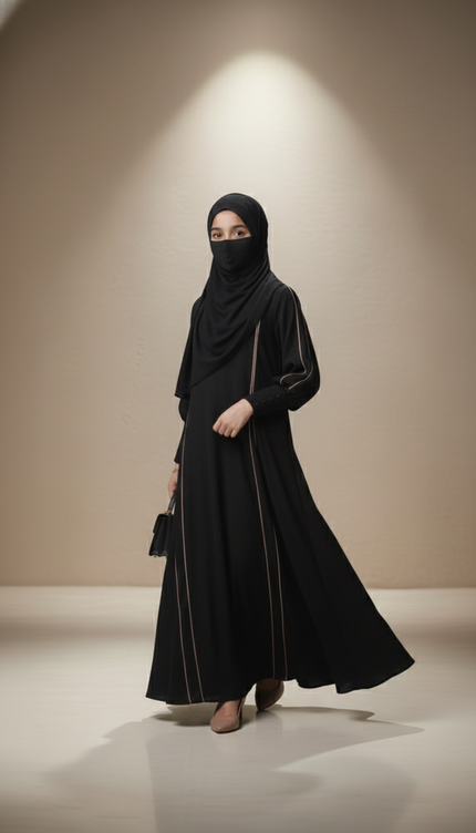 Kids Black A-Line Abaya with Front-Slit Sleeve Detail | Imported Nida & Chiffon