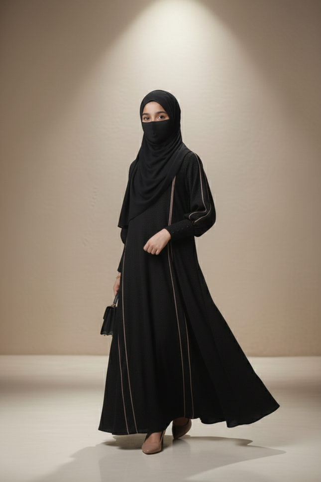 Kids Black A-Line Abaya with Front-Slit Sleeve Detail | Imported Nida & Chiffon