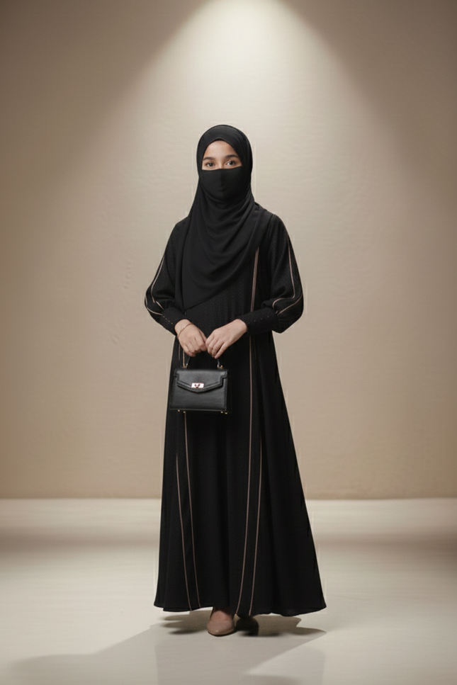 Kids Black A-Line Abaya with Front-Slit Sleeve Detail | Imported Nida & Chiffon