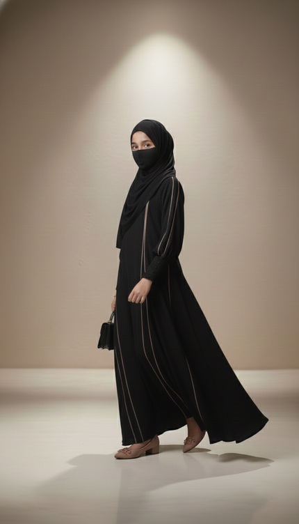 Kids Black A-Line Abaya with Front-Slit Sleeve Detail | Imported Nida & Chiffon