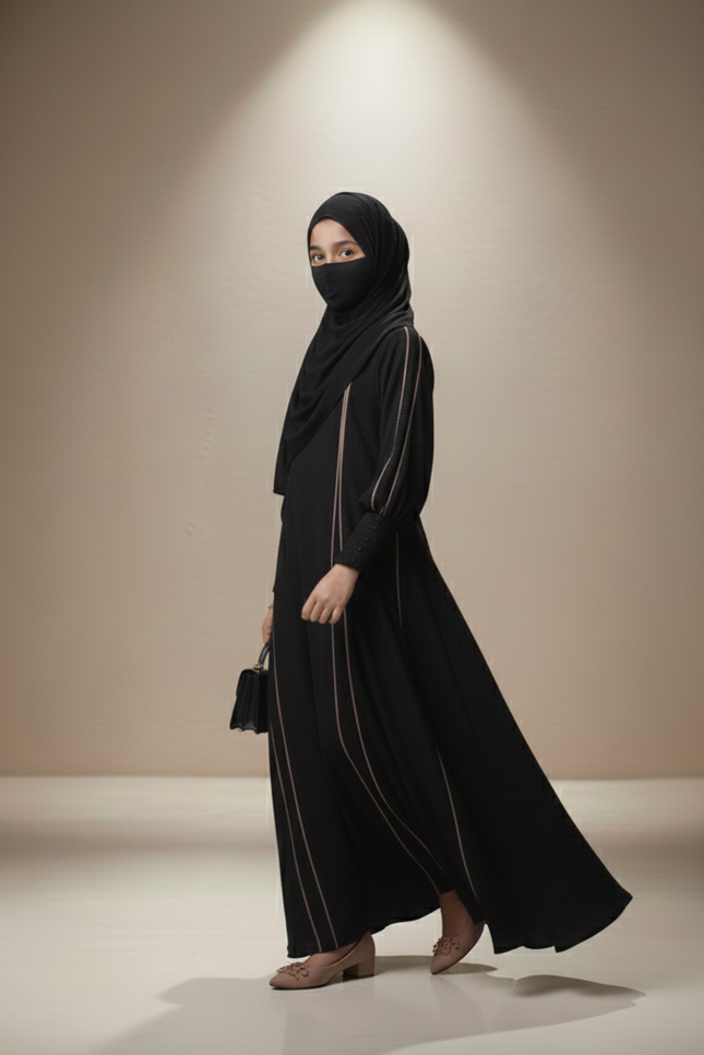 Kids Black A-Line Abaya with Front-Slit Sleeve Detail | Imported Nida & Chiffon