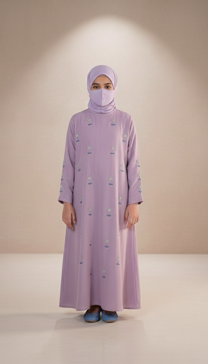 Luxury Lavender Floral Embroidered Kids Abaya