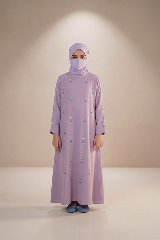 Luxury Lavender Floral Embroidered Kids Abaya