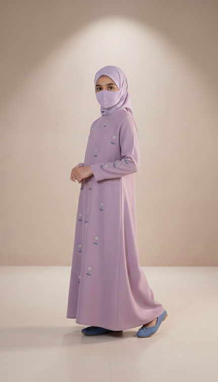 Luxury Lavender Floral Embroidered Kids Abaya