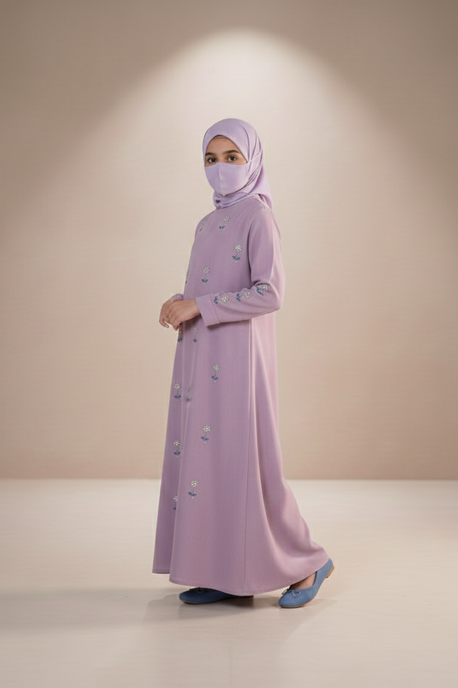 Luxury Lavender Floral Embroidered Kids Abaya