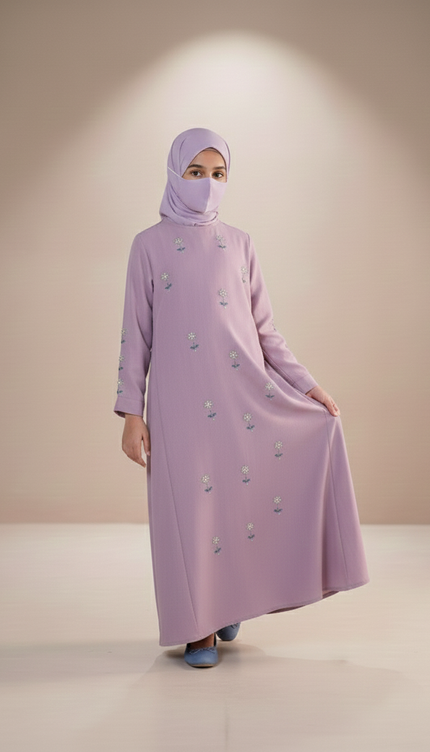 Luxury Lavender Floral Embroidered Kids Abaya