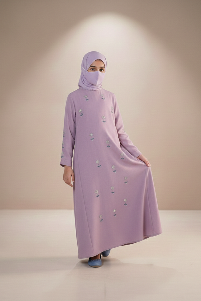 Luxury Lavender Floral Embroidered Kids Abaya