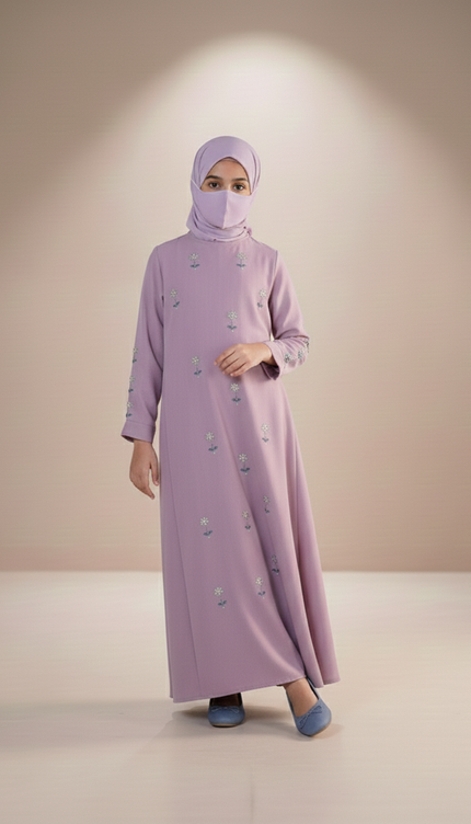 Luxury Lavender Floral Embroidered Kids Abaya