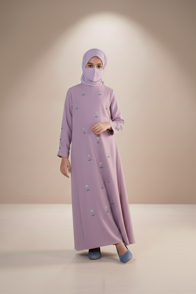 Luxury Lavender Floral Embroidered Kids Abaya