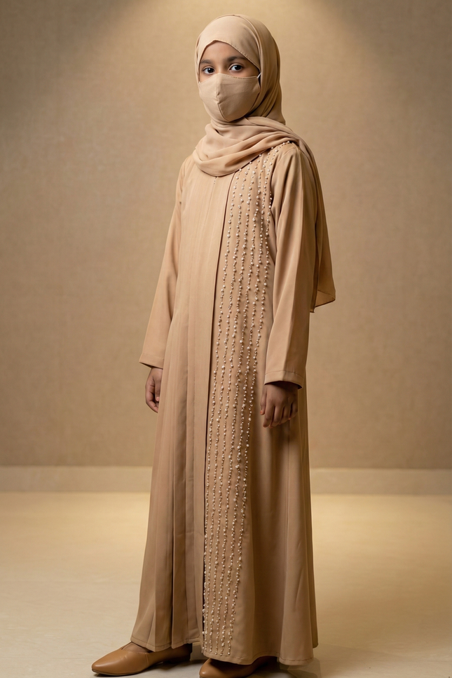 Kids Elegant Pleated Pearl Abaya – Premium Korean Nida & Chiffon | Modest Party Wear for Girls
