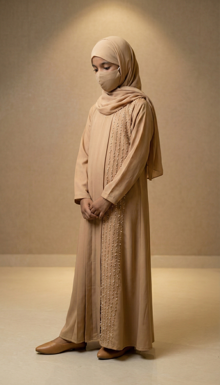 Kids Elegant Pleated Pearl Abaya – Premium Korean Nida & Chiffon | Modest Party Wear for Girls