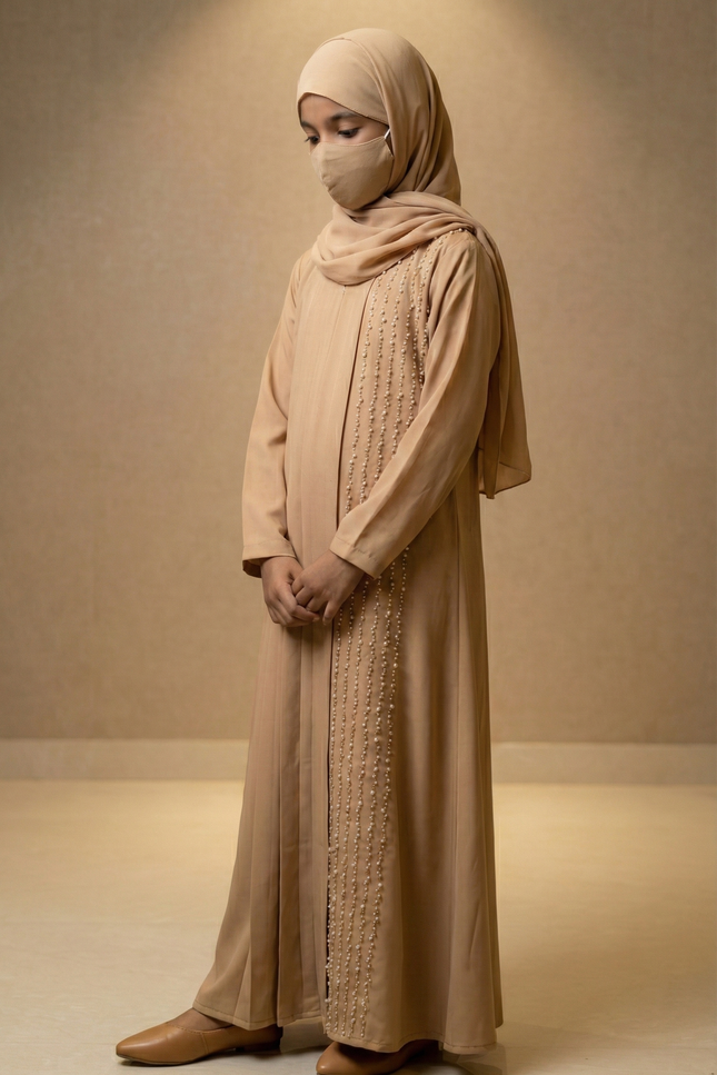 Kids Elegant Pleated Pearl Abaya – Premium Korean Nida & Chiffon | Modest Party Wear for Girls