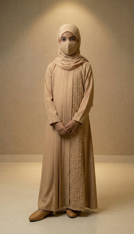 Kids Elegant Pleated Pearl Abaya – Premium Korean Nida & Chiffon | Modest Party Wear for Girls