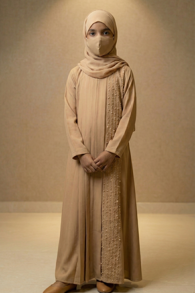 Kids Elegant Pleated Pearl Abaya – Premium Korean Nida & Chiffon | Modest Party Wear for Girls