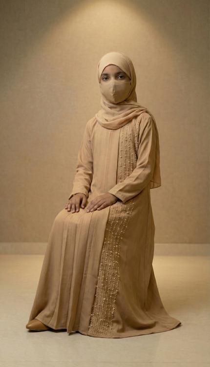 Kids Elegant Pleated Pearl Abaya – Premium Korean Nida & Chiffon | Modest Party Wear for Girls