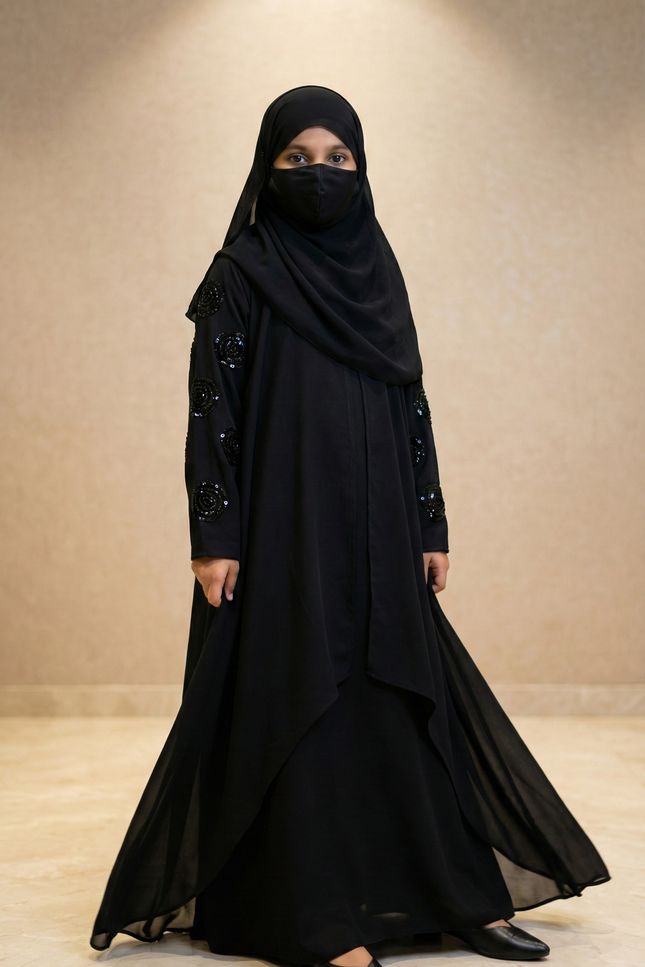Black Velvet Floral Patch Kids Abaya – Hand Embroidered Sleeves | Modest Fashion