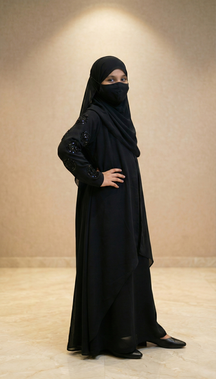 Black Velvet Floral Patch Kids Abaya – Hand Embroidered Sleeves | Modest Fashion