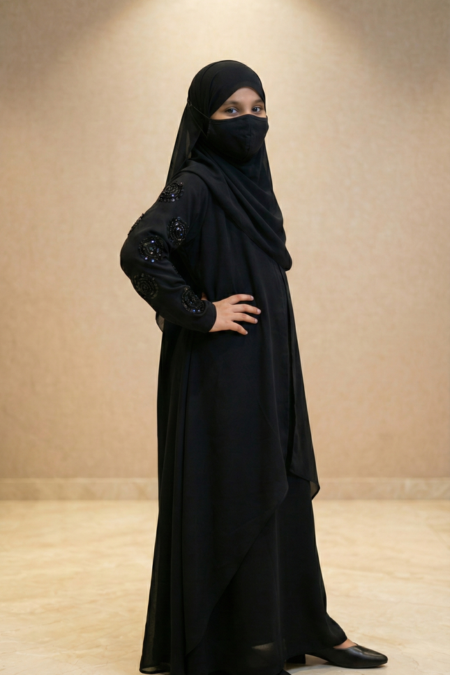 Black Velvet Floral Patch Kids Abaya – Hand Embroidered Sleeves | Modest Fashion