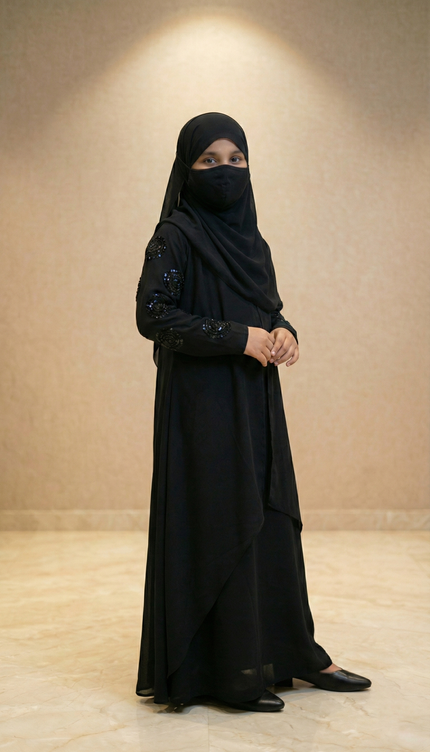 Black Velvet Floral Patch Kids Abaya – Hand Embroidered Sleeves | Modest Fashion