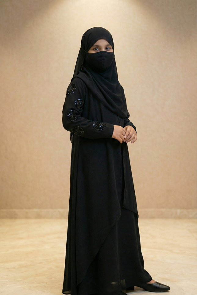 Black Velvet Floral Patch Kids Abaya – Hand Embroidered Sleeves | Modest Fashion