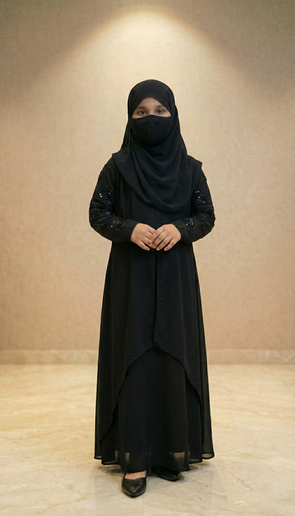 Black Velvet Floral Patch Kids Abaya – Hand Embroidered Sleeves | Modest Fashion