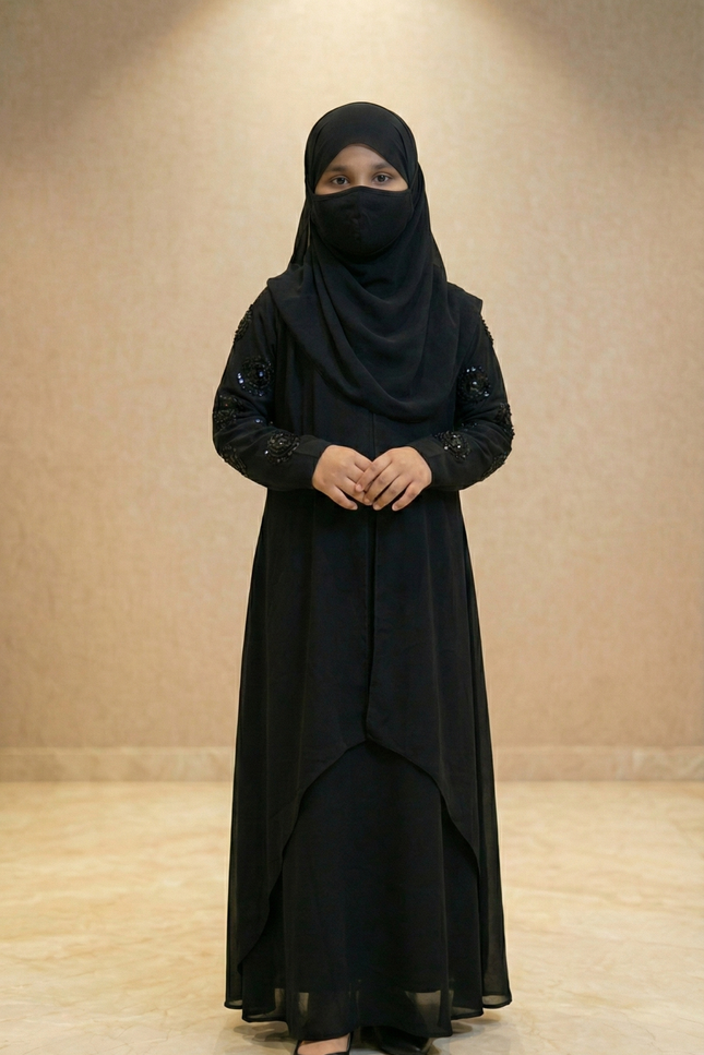 Black Velvet Floral Patch Kids Abaya – Hand Embroidered Sleeves | Modest Fashion