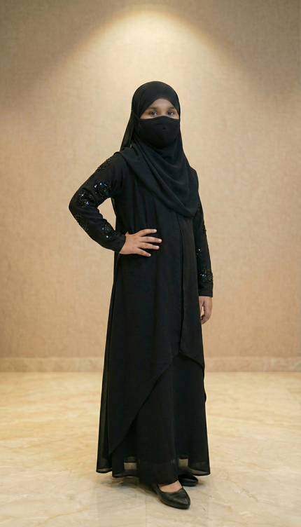 Black Velvet Floral Patch Kids Abaya – Hand Embroidered Sleeves | Modest Fashion