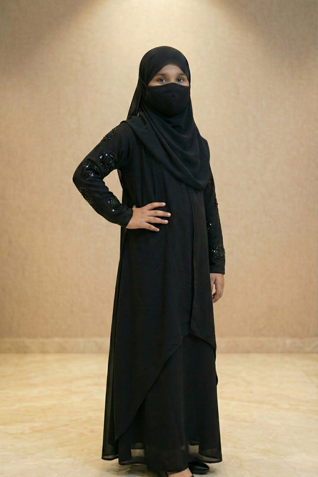 Black Velvet Floral Patch Kids Abaya – Hand Embroidered Sleeves | Modest Fashion