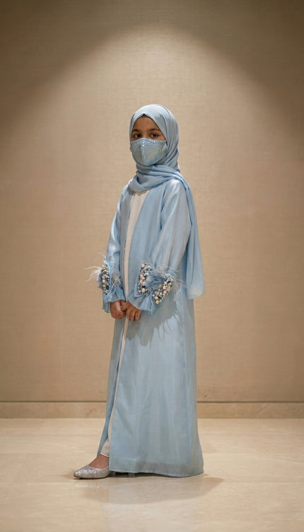 Luxury Kids Jacket Abaya – Soft Glamour with Graceful Modesty Feather Cuff Designer Modest Wear