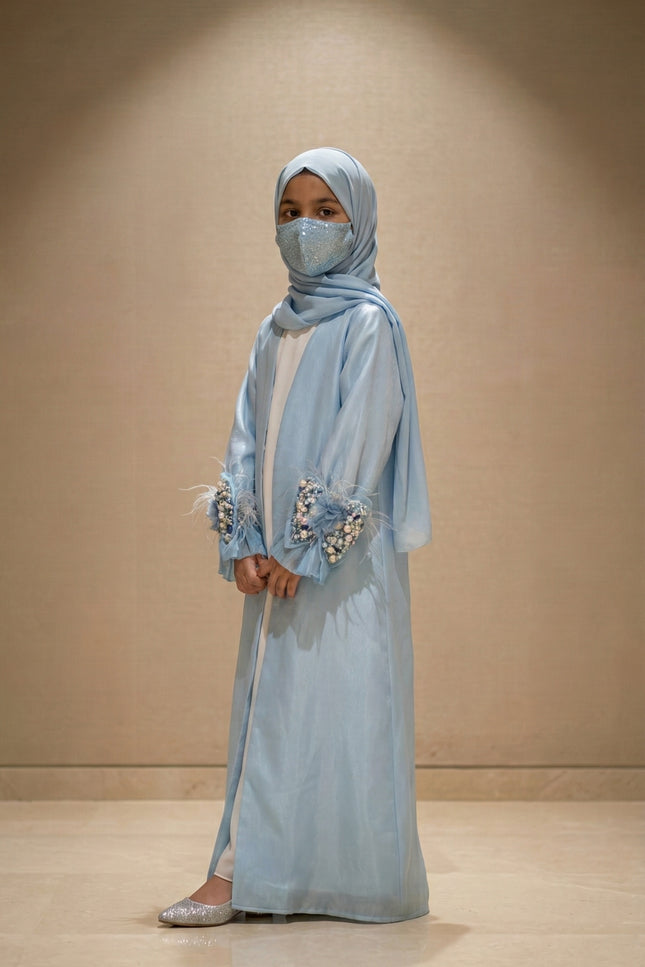 Luxury Kids Jacket Abaya – Soft Glamour with Graceful Modesty Feather Cuff Designer Modest Wear